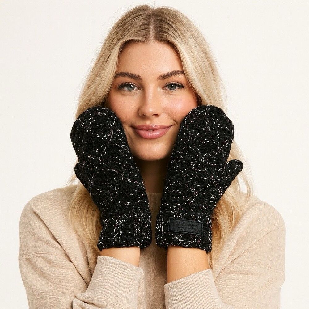 Kurt Geiger Womens One Size Black Knit Mittens Metallic Thread‎ Chunky Cable Ski